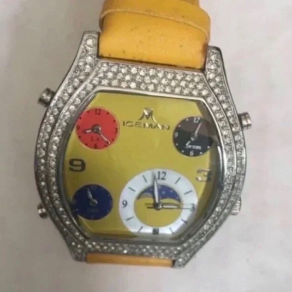 Mens Iceman Stainless Steel Swiss Movt 3 Time Zone White Diamond Watch.